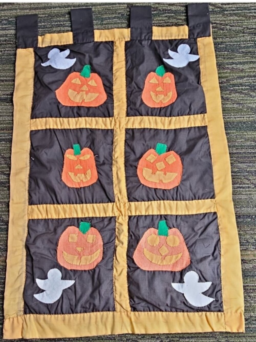 Vintage Halloween Pumpkin Ghost Applique Fabric Quilt Wall Hanging Hand Stitched
